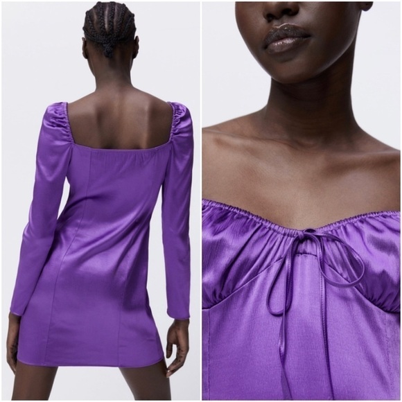Zara Gathered Satin Mini Long Sleeve Mini Dress in Purple - Picture 2 of 14